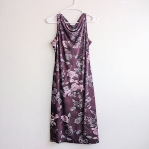 Vintage Y2K 90s Romantic Plum Purple Rose Print Cowl Neck Midi Dress